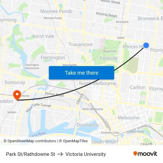 Park St/Rathdowne St to Victoria University map