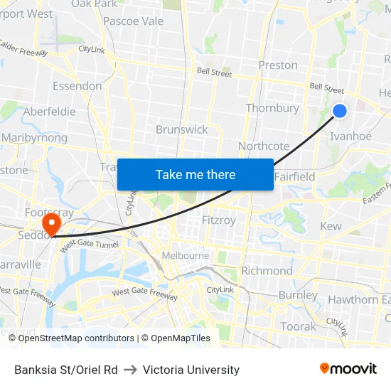 Banksia St/Oriel Rd to Victoria University map