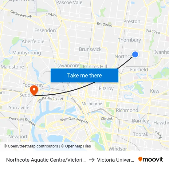 Northcote Aquatic Centre/Victoria Rd to Victoria University map