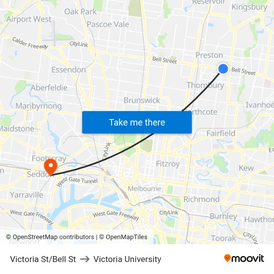 Victoria St/Bell St to Victoria University map