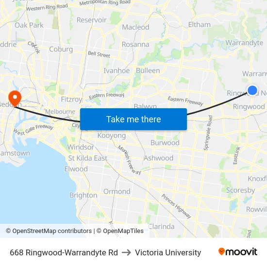 668 Ringwood-Warrandyte Rd to Victoria University map