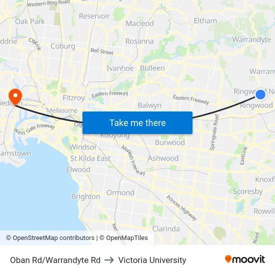 Oban Rd/Warrandyte Rd to Victoria University map