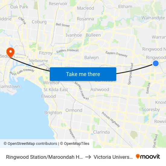 Ringwood Station/Maroondah Hwy to Victoria University map
