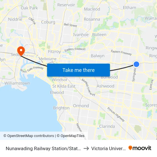 Nunawading Railway Station/Station St to Victoria University map