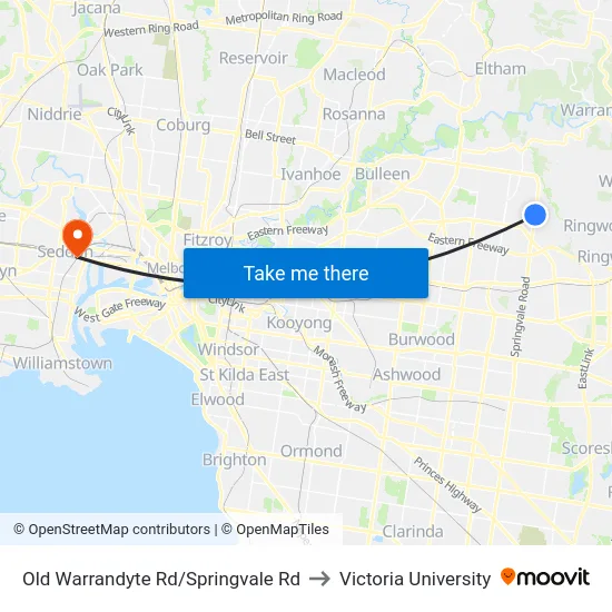 Old Warrandyte Rd/Springvale Rd to Victoria University map