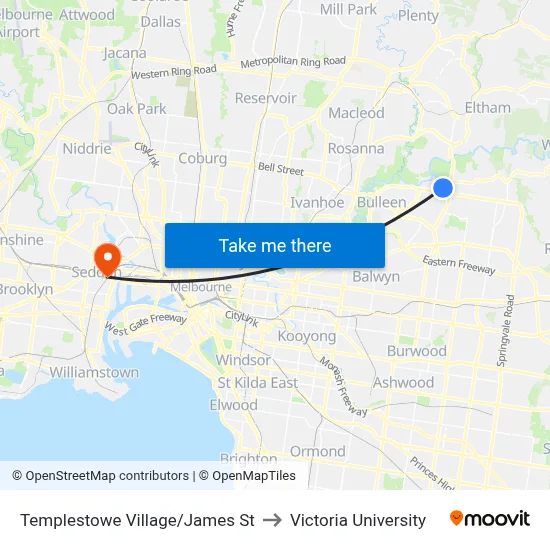 Templestowe Village/James St to Victoria University map