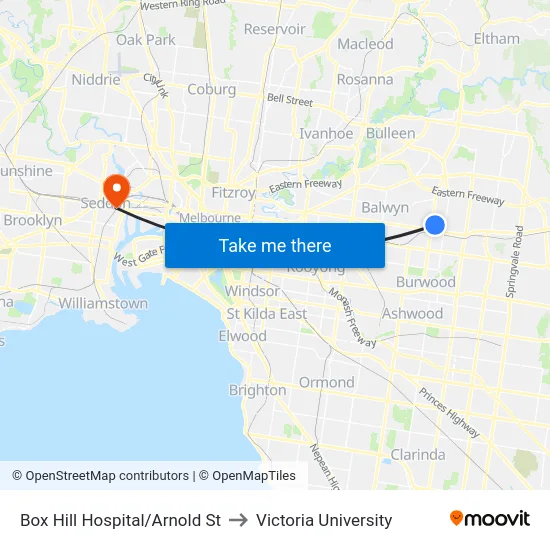 Box Hill Hospital/Arnold St to Victoria University map