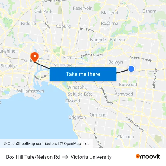 Box Hill Tafe/Nelson Rd to Victoria University map