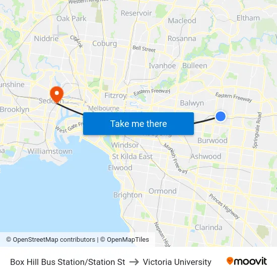 Box Hill Bus Station/Station St to Victoria University map