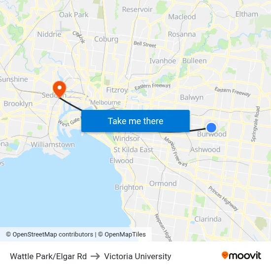 Wattle Park/Elgar Rd to Victoria University map