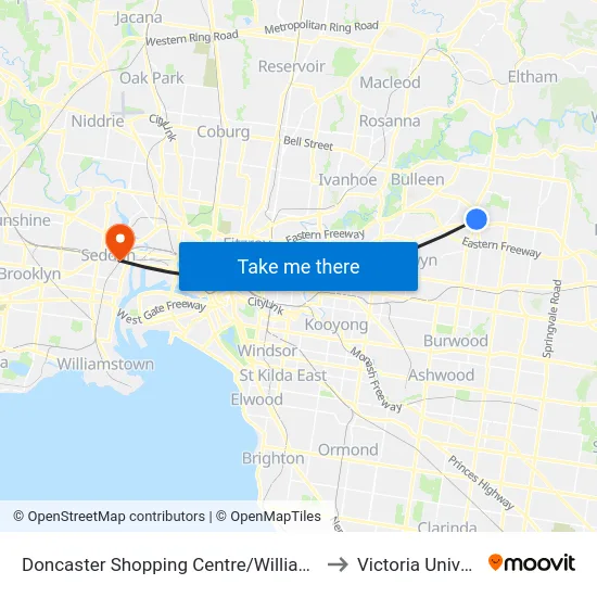 Doncaster Shopping Centre/Williamsons Rd to Victoria University map