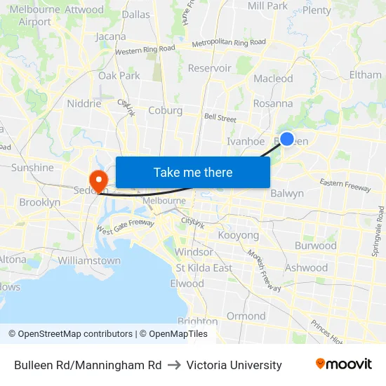 Bulleen Rd/Manningham Rd to Victoria University map