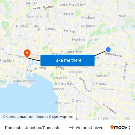 Doncaster Junction/Doncaster Rd to Victoria University map