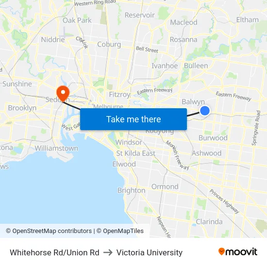 Whitehorse Rd/Union Rd to Victoria University map