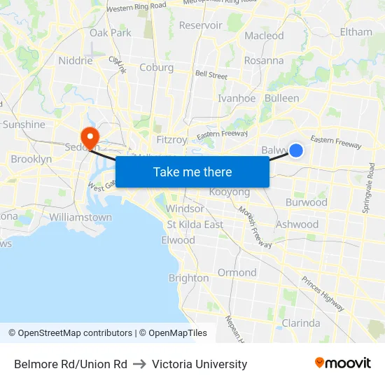 Belmore Rd/Union Rd to Victoria University map