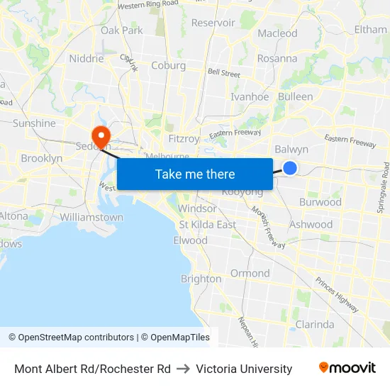 Mont Albert Rd/Rochester Rd to Victoria University map