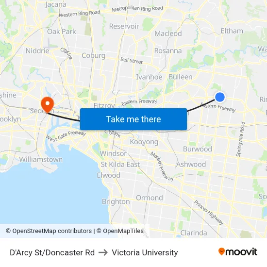 D'Arcy St/Doncaster Rd to Victoria University map