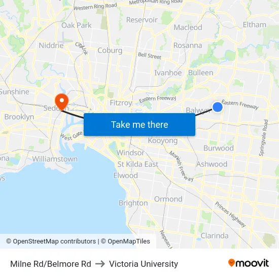 Milne Rd/Belmore Rd to Victoria University map