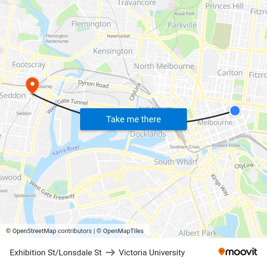 Exhibition St/Lonsdale St to Victoria University map