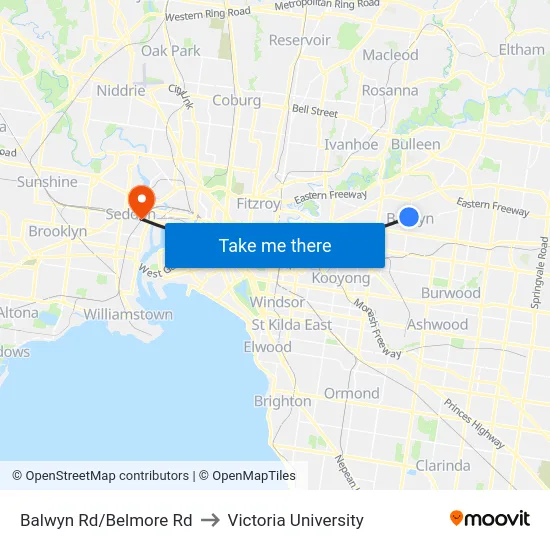 Balwyn Rd/Belmore Rd to Victoria University map