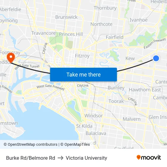 Burke Rd/Belmore Rd to Victoria University map