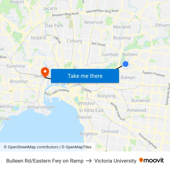 Bulleen Rd/Eastern Fwy on Ramp to Victoria University map