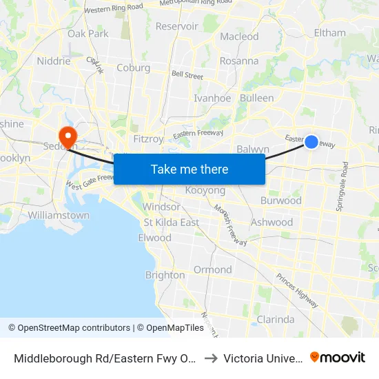 Middleborough Rd/Eastern Fwy On-Ramp to Victoria University map