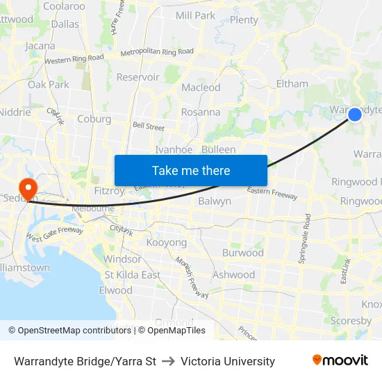 Warrandyte Bridge/Yarra St to Victoria University map