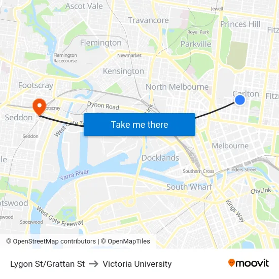 Lygon St/Grattan St to Victoria University map