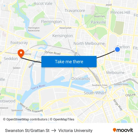 Swanston St/Grattan St to Victoria University map