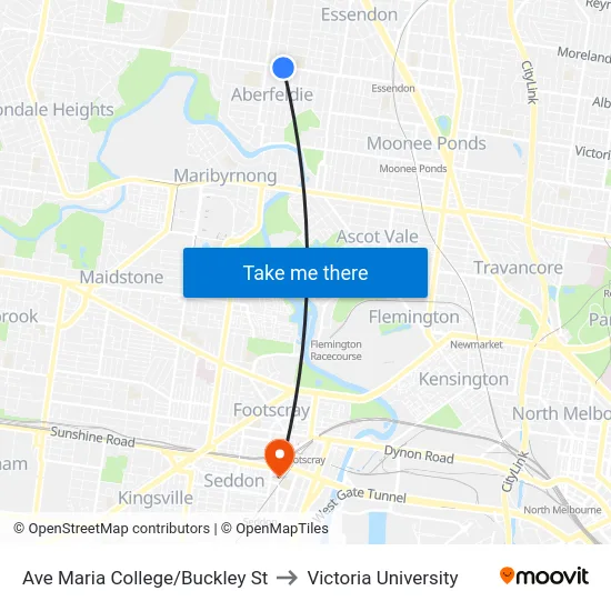 Ave Maria College/Buckley St to Victoria University map