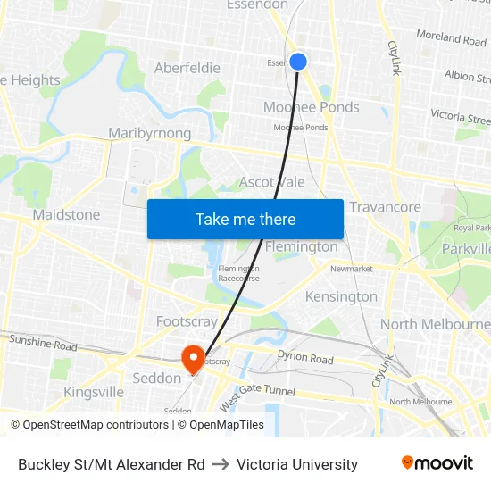 Buckley St/Mt Alexander Rd to Victoria University map