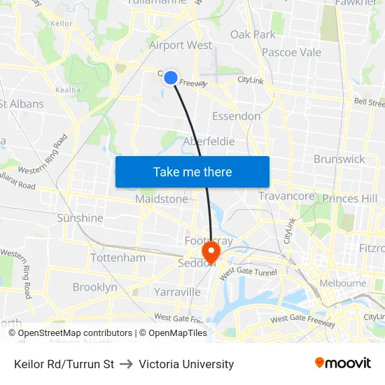 Keilor Rd/Turrun St to Victoria University map