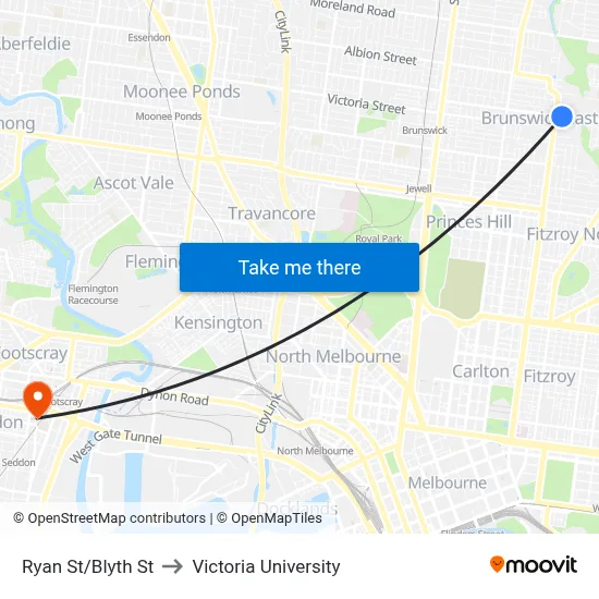 Ryan St/Blyth St to Victoria University map