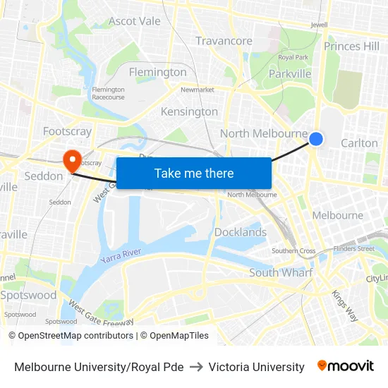 Melbourne University/Royal Pde to Victoria University map