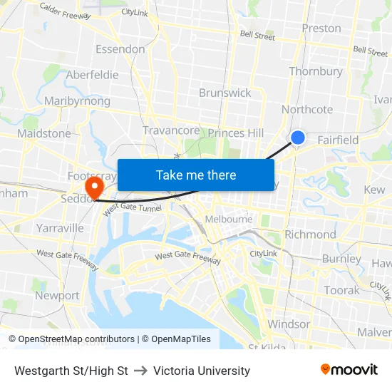 Westgarth St/High St to Victoria University map