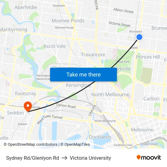 Sydney Rd/Glenlyon Rd to Victoria University map