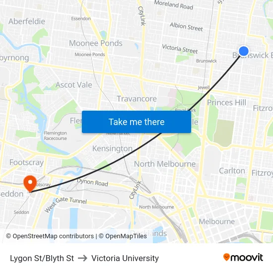 Lygon St/Blyth St to Victoria University map