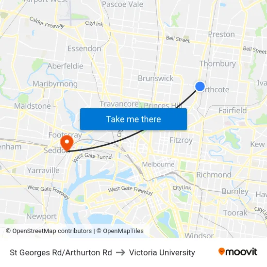 St Georges Rd/Arthurton Rd to Victoria University map