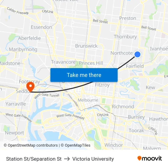 Station St/Separation St to Victoria University map