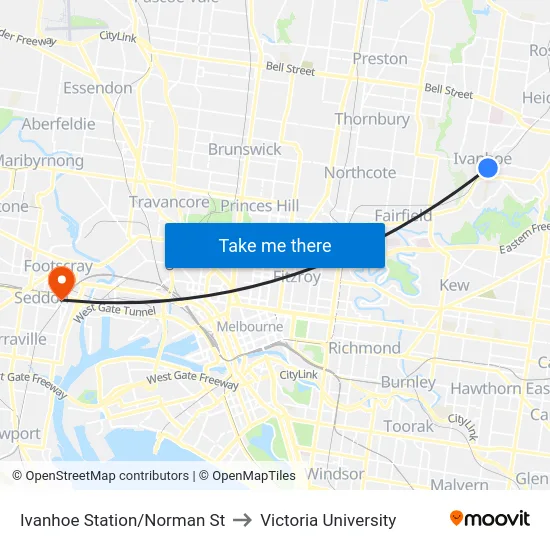Ivanhoe Station/Norman St to Victoria University map