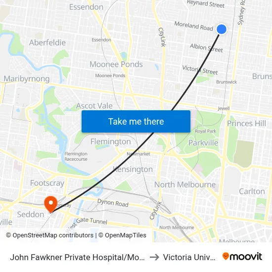 John Fawkner Private Hospital/Moreland Rd to Victoria University map