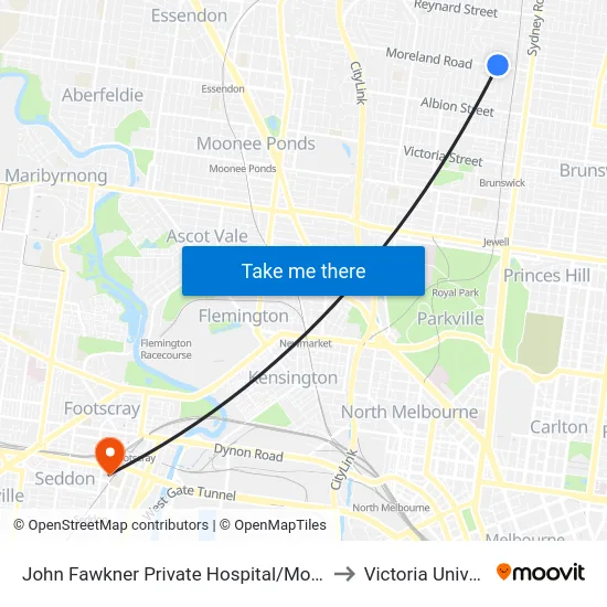 John Fawkner Private Hospital/Moreland Rd to Victoria University map