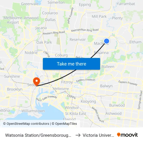 Watsonia Station/Greensborough Hwy to Victoria University map