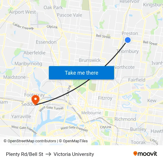 Plenty Rd/Bell St to Victoria University map