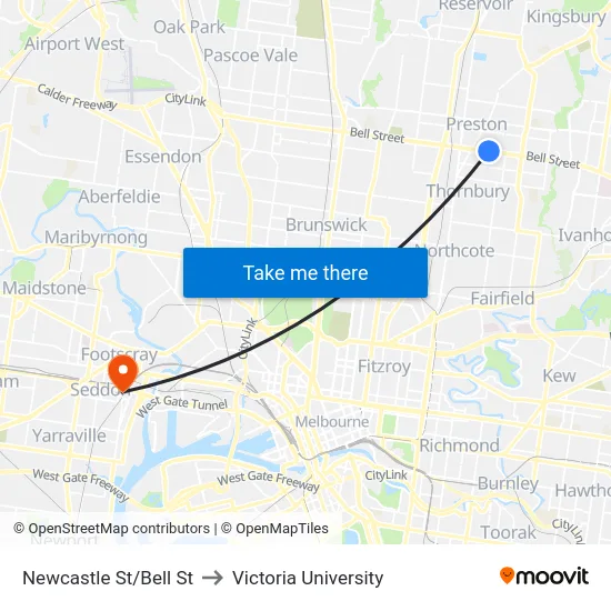 Newcastle St/Bell St to Victoria University map