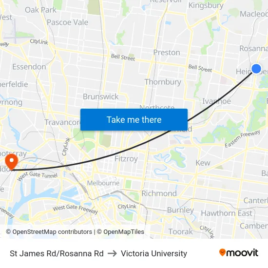 St James Rd/Rosanna Rd to Victoria University map