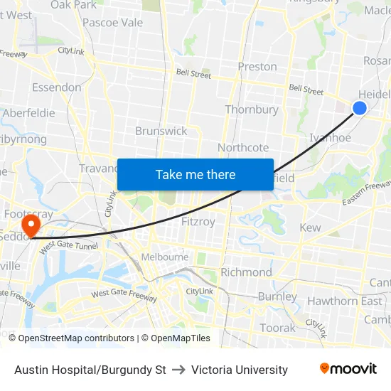 Austin Hospital/Burgundy St to Victoria University map