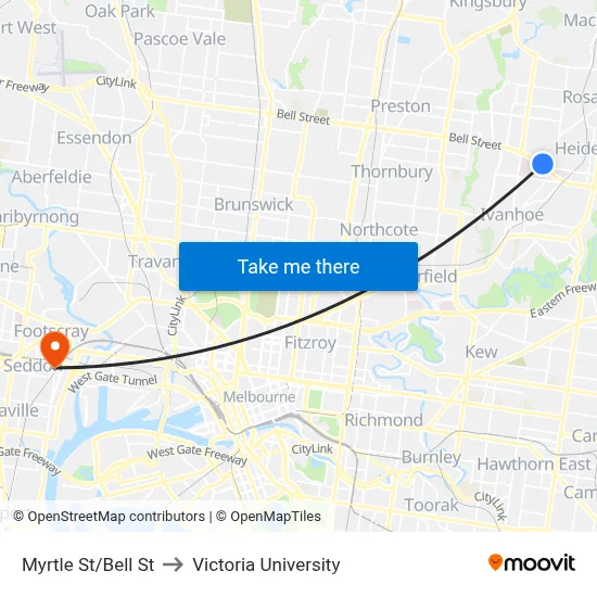 Myrtle St/Bell St to Victoria University map