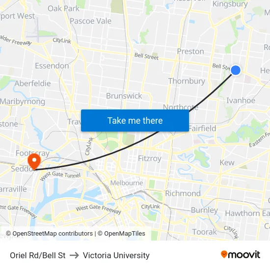 Oriel Rd/Bell St to Victoria University map